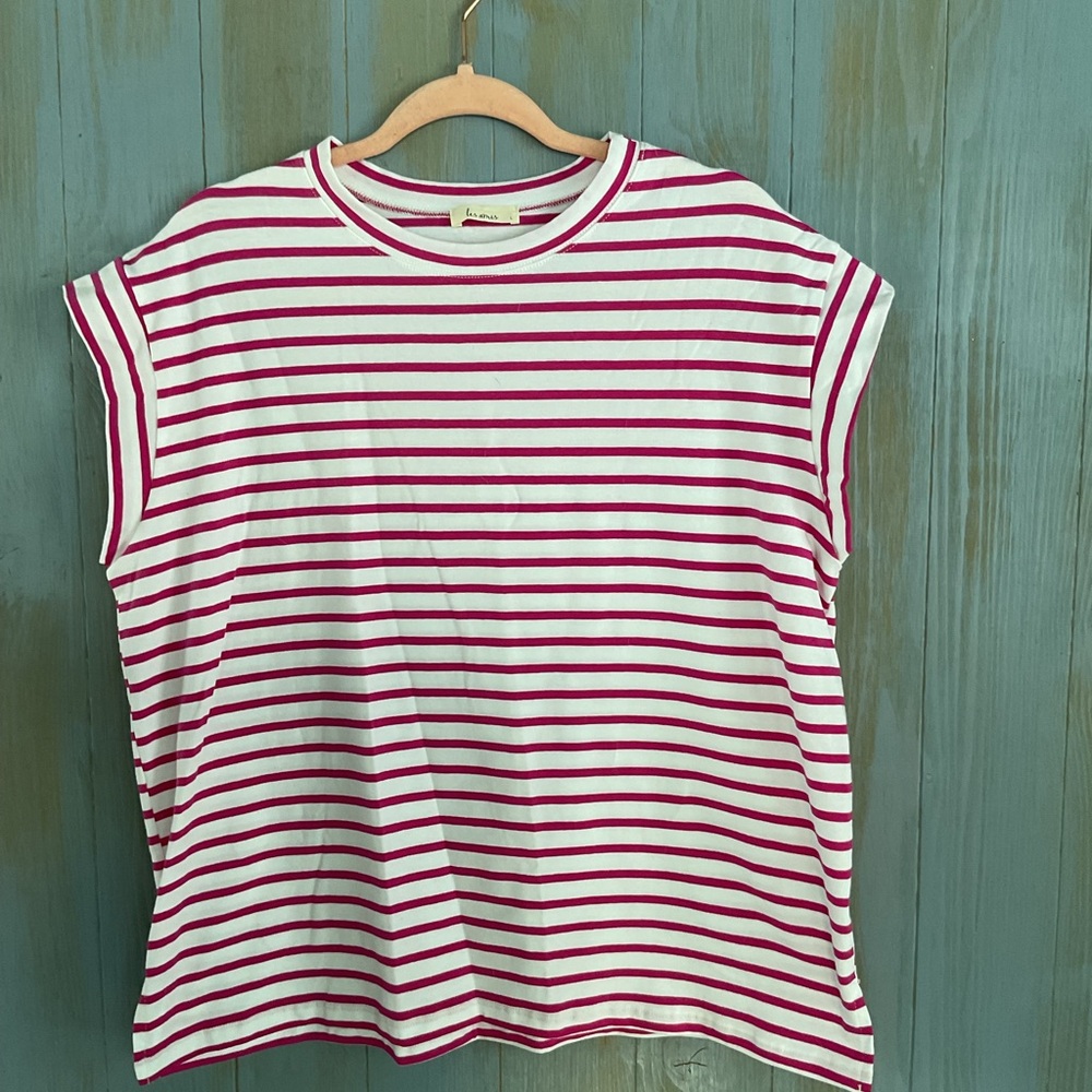 LES AMIS FUSCHIA STRIPED TEE SHIRT TOP SZ L NWOT